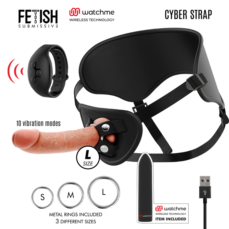 FETISH SUBMISSIVE CYBER STRAP - ARNÉS CON DILDO Y BALA CONTROL REMOTO WATCHME L TECHNOLOGY