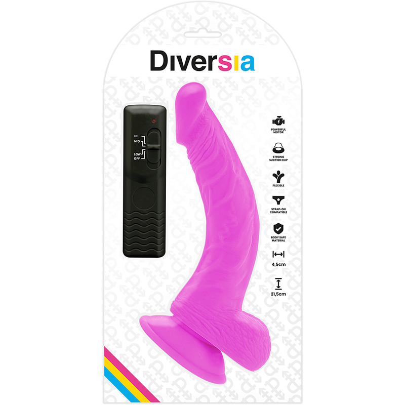 DIVERSIA - DILDO VIBRADOR FLEXIBLE MORADO 21.5 CM -O- 4.5 CM